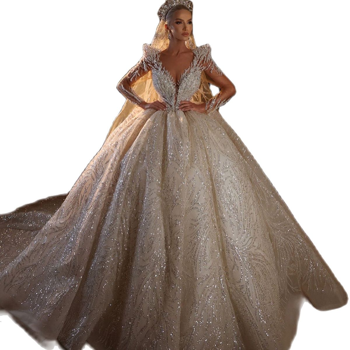 Illusion V Neck Wedding Dresses Ball Gowns Luxurious Full Sleeve Bridal Dress Custom Made Sequined Lace Floor Length Gown