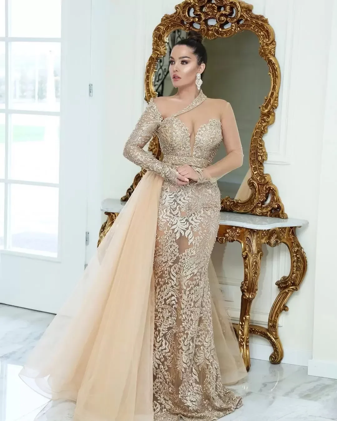 Lace Urious Sparkly Mermaid Evening Arabic Sheer Long Sleeves Beaded Prom Dresses Vintage Formal Party Gown