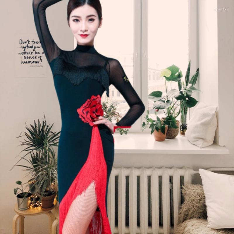 Stage Wear Women Dresses Big Red Flower Tassel Dance Skirt Latin Dancing Long Sleeve Dress Latina Black 2023
Stage Wear Women Dresses Big Red Flower Tassel Dance Skirt Latin Dancing Long Sleeve Dress Latina Black 2023