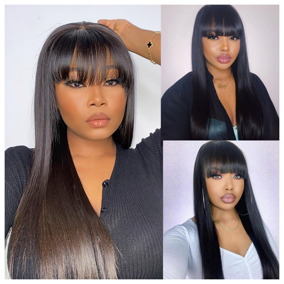 

Fashion New Design 100% Human Hair Wigs Straight Hair With Bang Fringe For Women Brazilian Bob Wig Glueless Full Machine Made With Bangs 26 Inch, Natural color