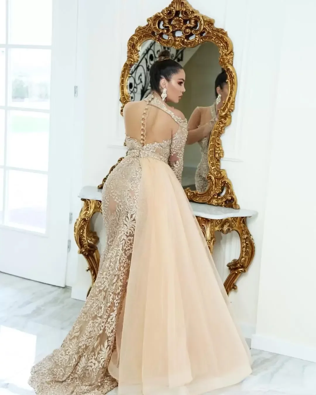 Lace Urious Sparkly Mermaid Evening Arabic Sheer Long Sleeves Beaded Prom Dresses Vintage Formal Party Gown