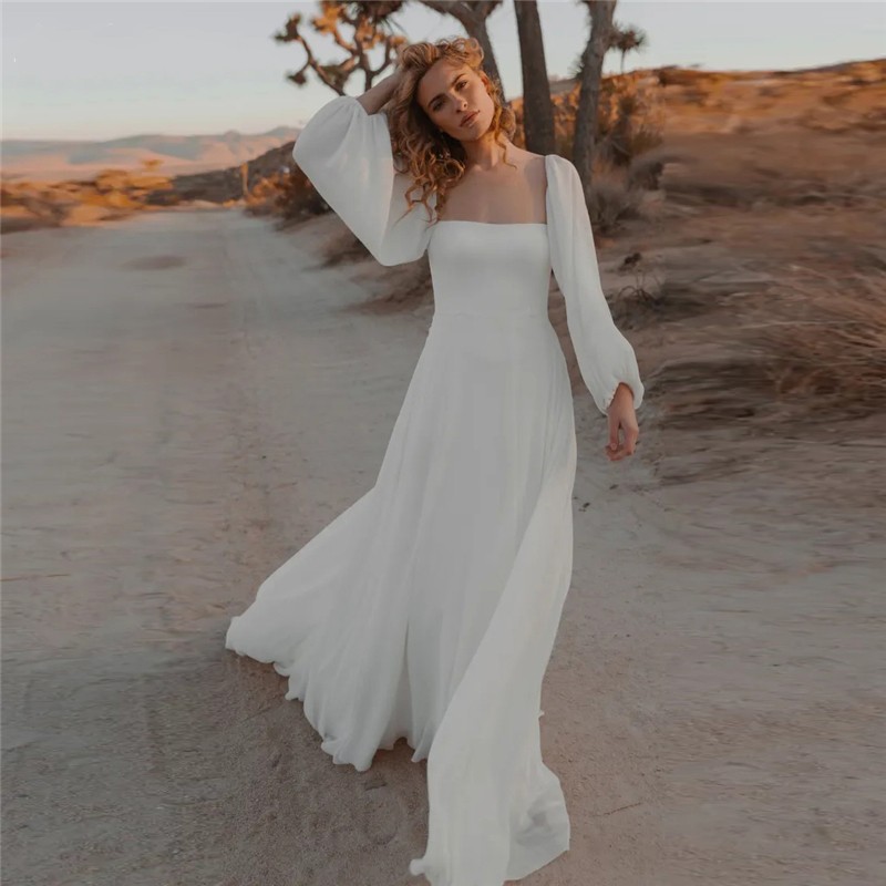 Boho Wedding Dress for Women 2023 Backless Square Neck Long Sleeve Chiffon Bridal Gowns Simple Beach Vestidos De Noiva, White 
Boho Wedding Dress for Women 2023 Backless Square Neck Long Sleeve Chiffon Bridal Gowns Simple Beach Vestidos De Noiva, White