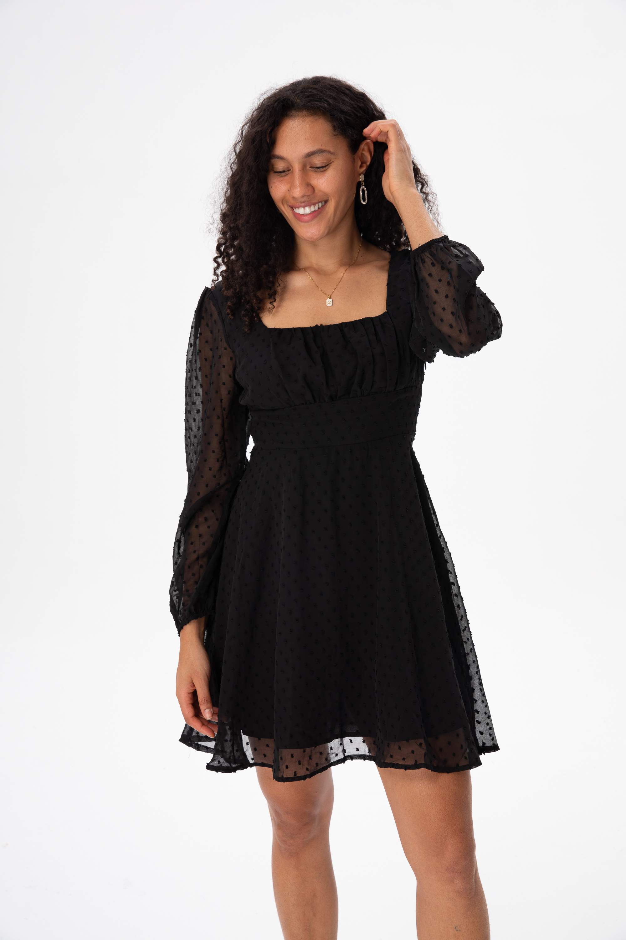 Designer fashion new European and American women polka dot square collar a long-sleeved Swiss polka dot mini skirt