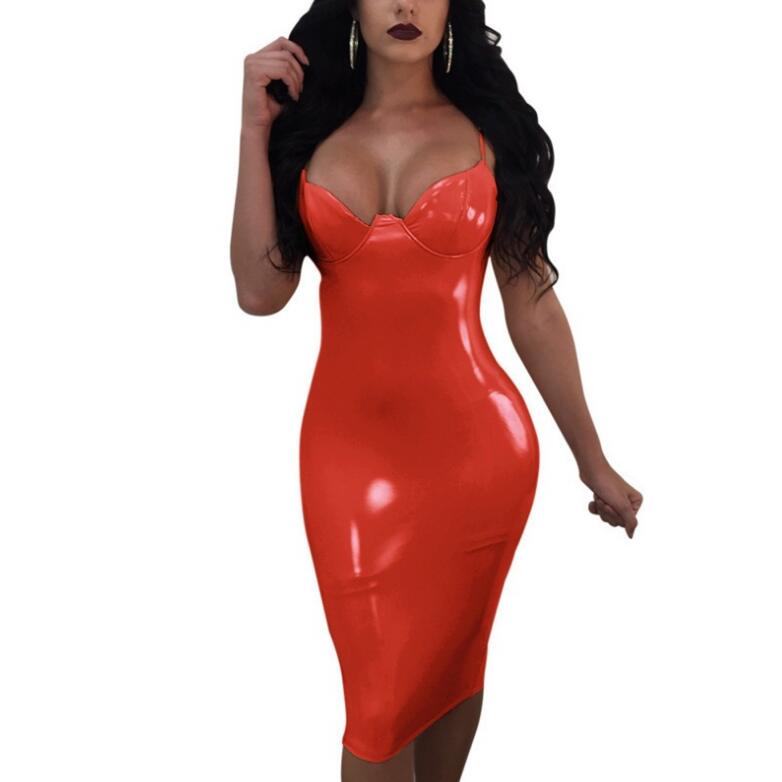 Summer Women Autumn Fashion Faux Leather Latex Dress V Neck Sexy Slim Pvc Black White Pink Red Long Party Plus Size Casual Dresses