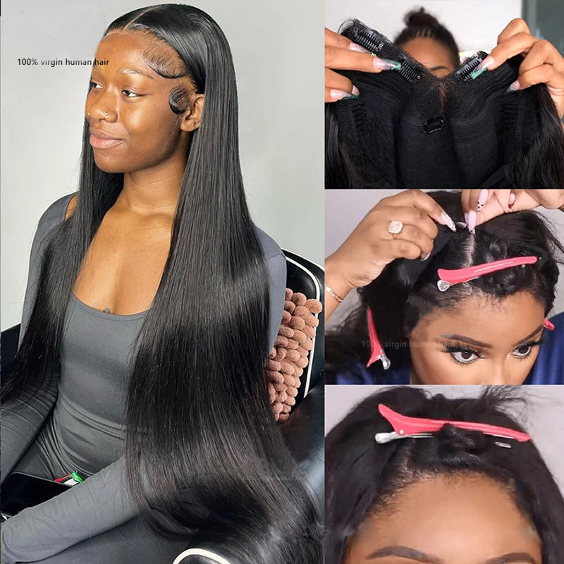 Brazilian Human Hair Silky Straight 150% 180% 210% Density Peruvian Indian Virgin Hair V Part Wig 10-32inch V Style Capless Wigs Natural Color