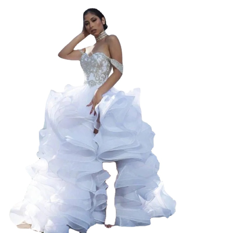 A Line Wedding Dresses Sexy Split High Low Off the Shoulder Silver Beads Organza Tiered Ruffles Bridal Gowns Chapel Train Plus Size vestido de noiva, Ivory
A Line Wedding Dresses Sexy Split High Low Off the Shoulder Silver Beads Organza Tiered Ruffles Bridal Gowns Chapel Train Plus Size vestido de noiva, Ivory