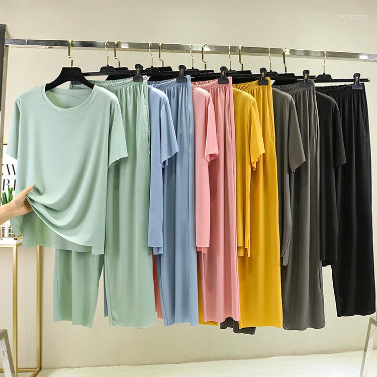 Women's Sleepwear Short Sleeved Rould Neck T-shirt With Long Trouser Pijama Suit For Women's Summer Wide Leg Pants Home Clothes
Women's Sleepwear Short Sleeved Rould Neck T-shirt With Long Trouser Pijama Suit For Women's Summer Wide Leg Pants Home Clothes