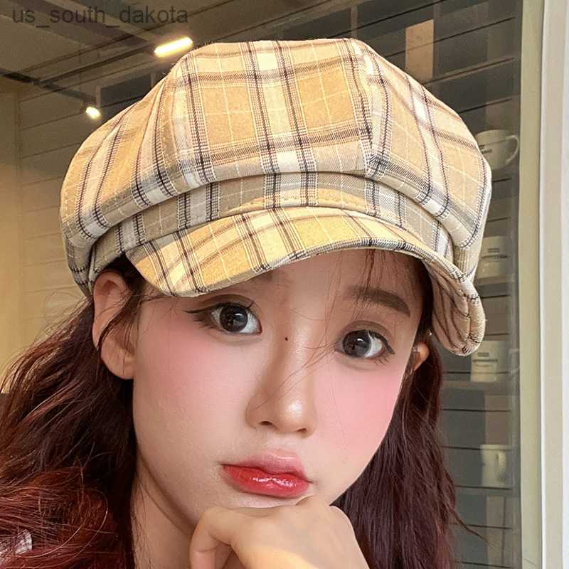 

Spring Autumn Hat 2023 New Fashion Octagonal Newsboy Cap For Women Vintage Plaid Beret Hat Ladies Artist Painter's Cap L230523, Khaki