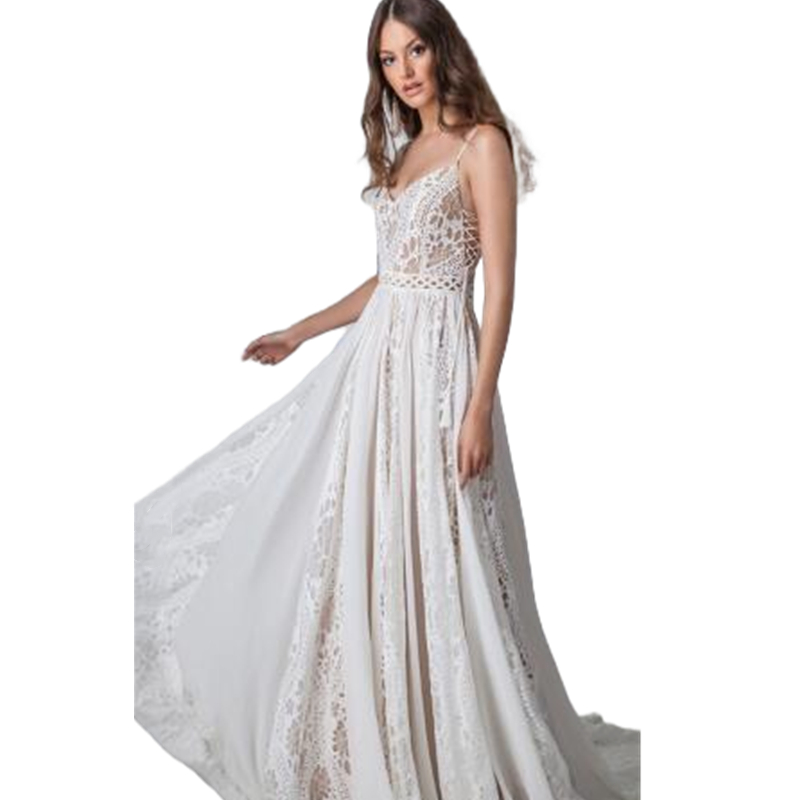 2023 Sexy Backless Beach Boho Wedding Dress A Line Ivory Lace Chiffon Long Bridal Gowns Spaghetti Straps Country Bohemian Bride Dresses Summer