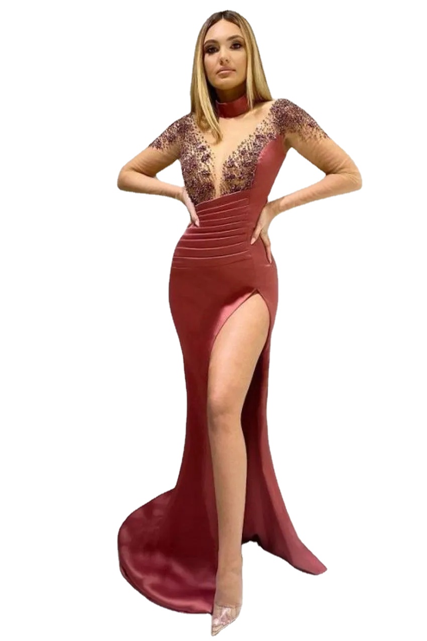 Sexy High Thigh Split Evening Dresses Sheer Long Sleeve Plunging V Neck Illusion Top Satin Prom Gowns Formal Occasion Vestidos, Brown
Sexy High Thigh Split Evening Dresses Sheer Long Sleeve Plunging V Neck Illusion Top Satin Prom Gowns Formal Occasion Vestidos, Brown