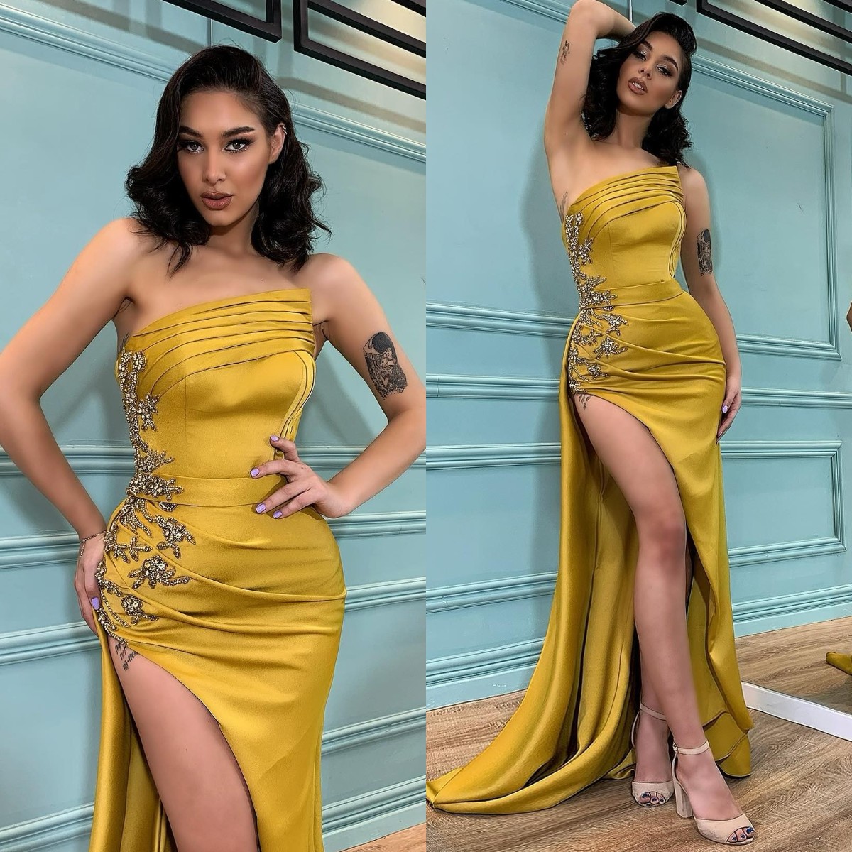 Sexy Strapless Prom Dresses Beads Sides Yellow Evening Gowns Slit Pleats Formal Red Carpet Long Special Occasion dress, Customize
Sexy Strapless Prom Dresses Beads Sides Yellow Evening Gowns Slit Pleats Formal Red Carpet Long Special Occasion dress, Customize