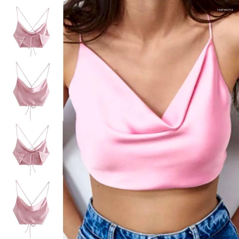 

Women's Tanks Women Satin Halter Camisole Sexy Spaghetti Strap Crop Top Lace-Up Backless Vest 10CF