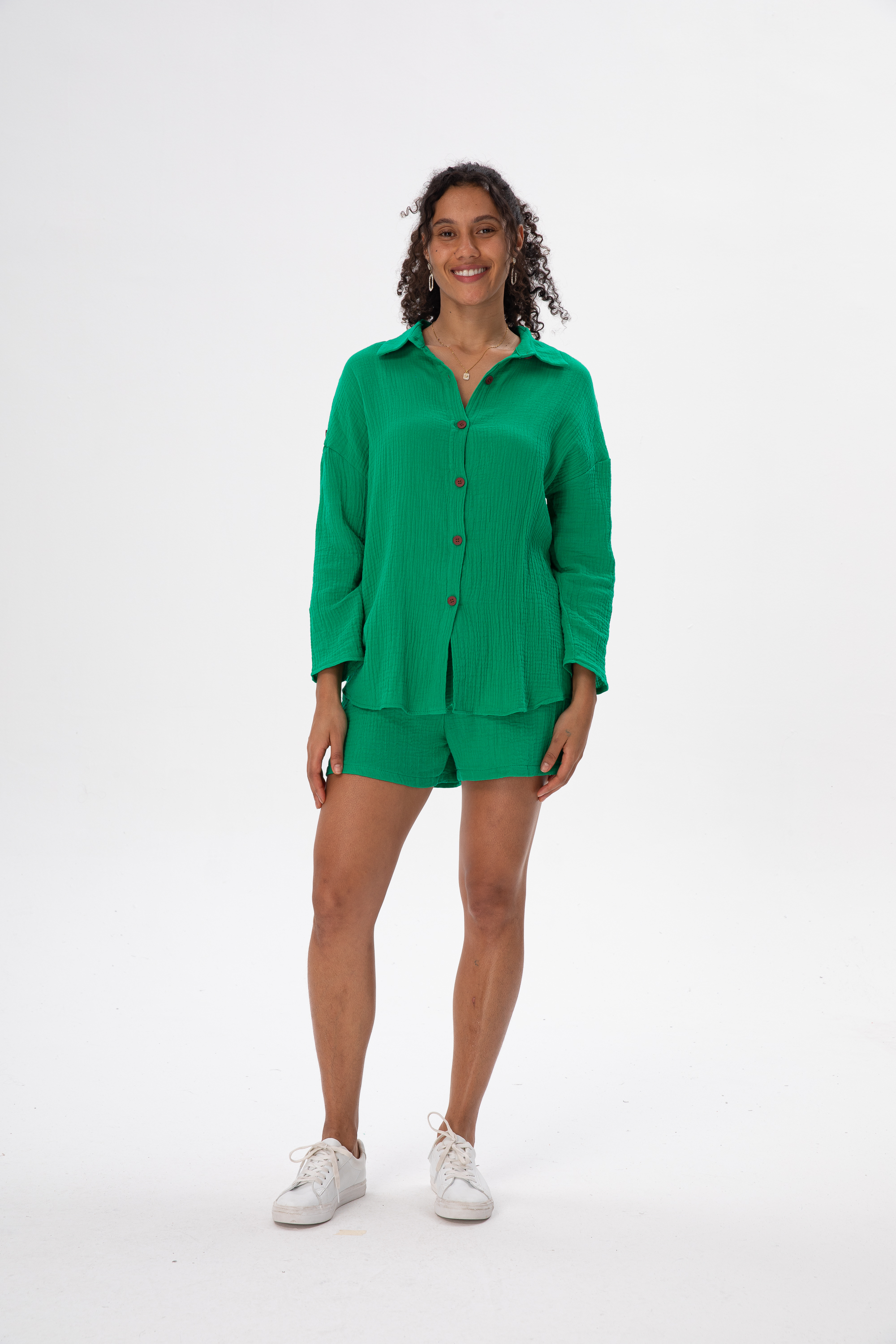 2023 Summer Casual Button Green Cotton Two Pieces Sets Women Long Sleeve Rose Red Women's Sets White Shirt Shorts Set Outfits