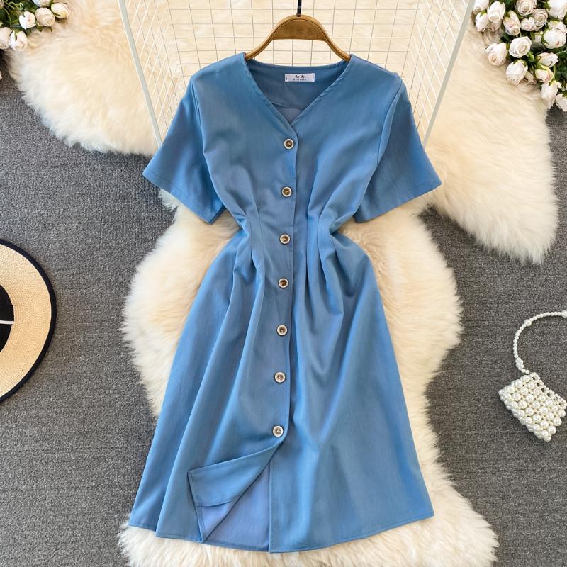 Party Dresses Dress Summer 2023 Korean Fashion Commuter Retro Short-sleeved V-neck Single-breasted Waistband Skinny Short A-line, Blue
Party Dresses Dress Summer 2023 Korean Fashion Commuter Retro Short-sleeved V-neck Single-breasted Waistband Skinny Short A-line, Blue