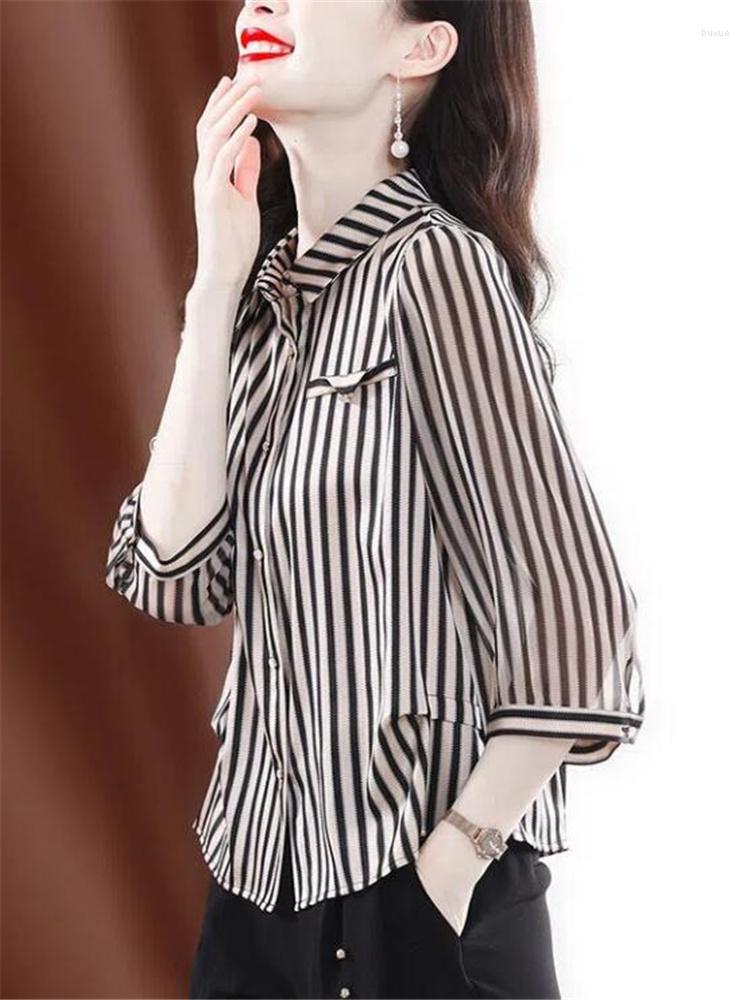 Women's Blouses Striped Women Shirt 3/4 Sleeve Top Basic Offce Ladies Summer Clothes Polo Neck Button Up Casual Femme, Champagne
Women's Blouses Striped Women Shirt 3/4 Sleeve Top Basic Offce Ladies Summer Clothes Polo Neck Button Up Casual Femme, Champagne