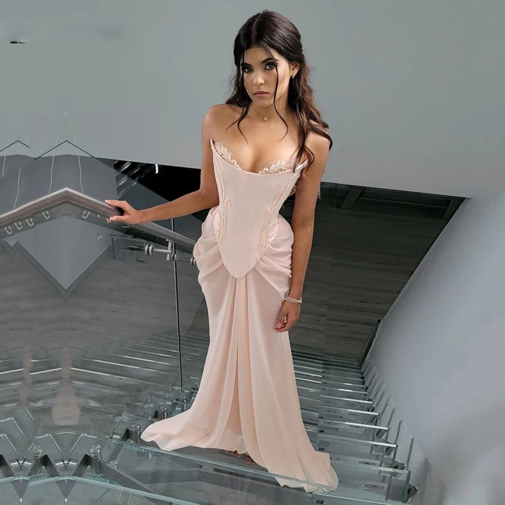 Draped Blush Pink Evening Dresses Nude Chiffon Sheer Mesh Corset High Slit Beading Lace Gowns, Beige
Draped Blush Pink Evening Dresses Nude Chiffon Sheer Mesh Corset High Slit Beading Lace Gowns, Beige