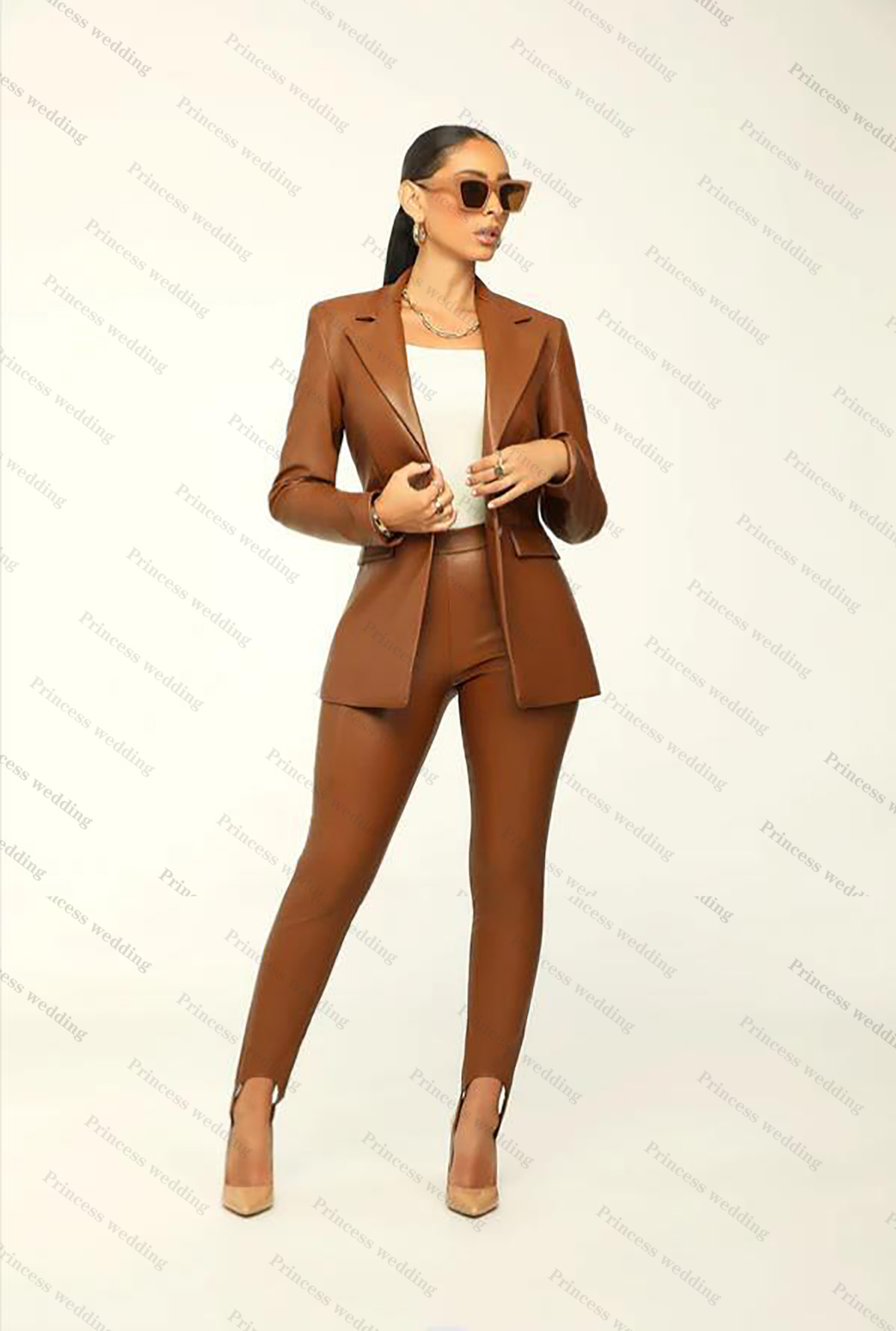 Fashion Leather Women Blazer Set Long Sleeve Slim Fit Jacket and Wide Leg Pants 2023 Elegant Tracksuit 2 Pieces Outfits