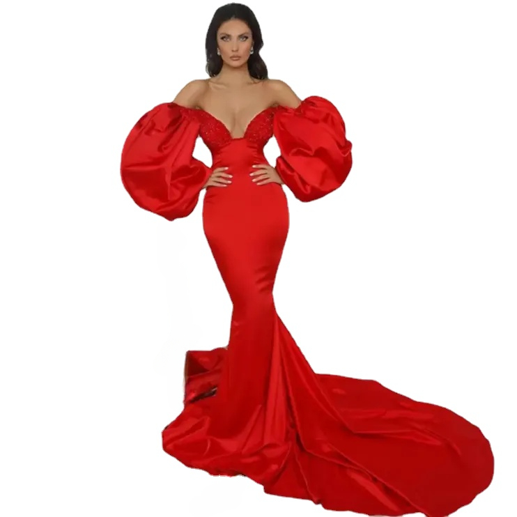 Sexy Beaded Sweetheart Red Evening Dresses Long Puffy Sleeves Sweep Train Mermaid Bride Prom Formal Gowns
Sexy Beaded Sweetheart Red Evening Dresses Long Puffy Sleeves Sweep Train Mermaid Bride Prom Formal Gowns