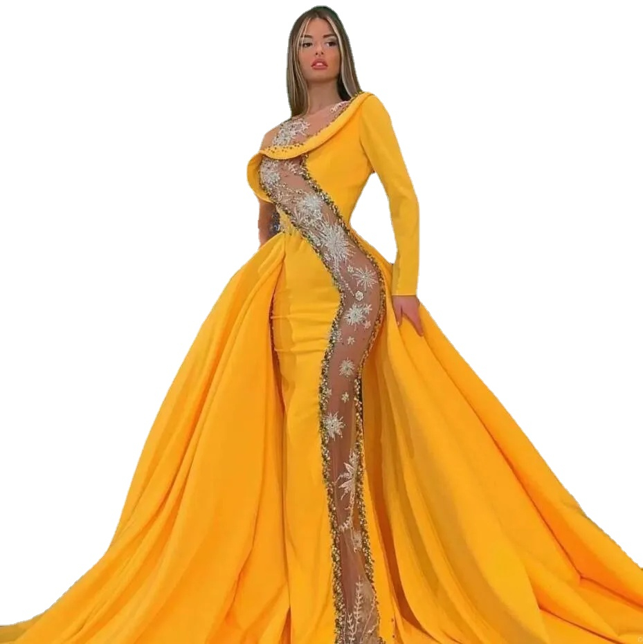Yellow Mermaid Evening Dresses Lace Sequined Transparent Long Formal Prom Gowns Overskirt Red Carpet Dress
Yellow Mermaid Evening Dresses Lace Sequined Transparent Long Formal Prom Gowns Overskirt Red Carpet Dress