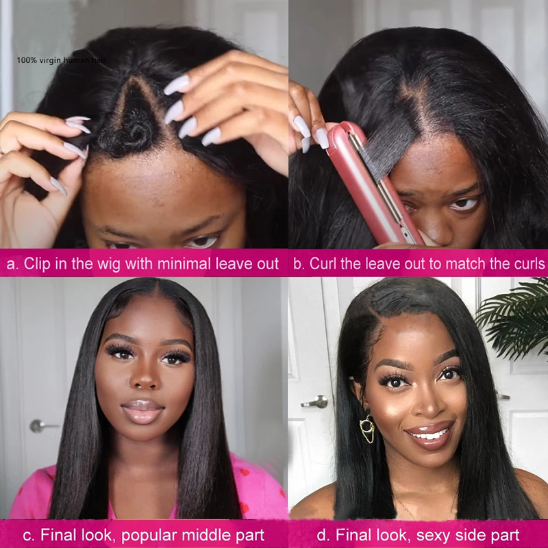 Brazilian Human Hair Silky Straight 150% 180% 210% Density Peruvian Indian Virgin Hair V Part Wig 10-32inch V Style Capless Wigs Natural Color