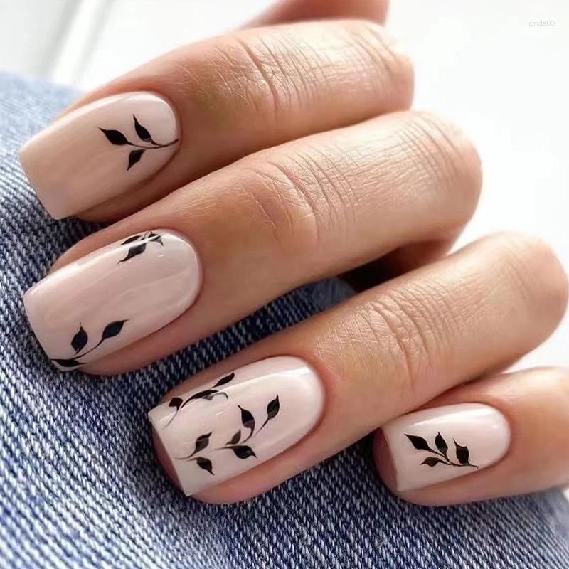 False Nails 24Pcs Black Leaf Short Coffin Simple With French Design Wearable Fake Artificial Full Cover Press On Nail Tips, 186
False Nails 24Pcs Black Leaf Short Coffin Simple With French Design Wearable Fake Artificial Full Cover Press On Nail Tips, 186