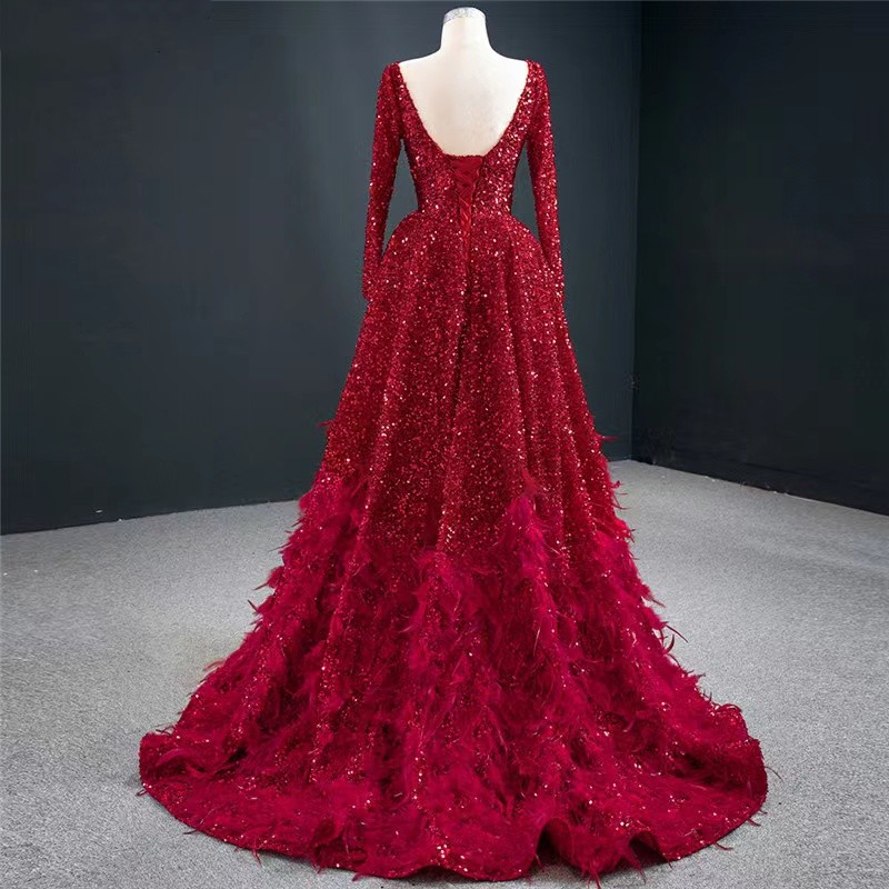 Sparkly red Sequins long sleeve Prom Dresses For Black Girls Crystal Rhie Court Train Party Gown Robes De Bal blue feather sequined muslim designer pr
