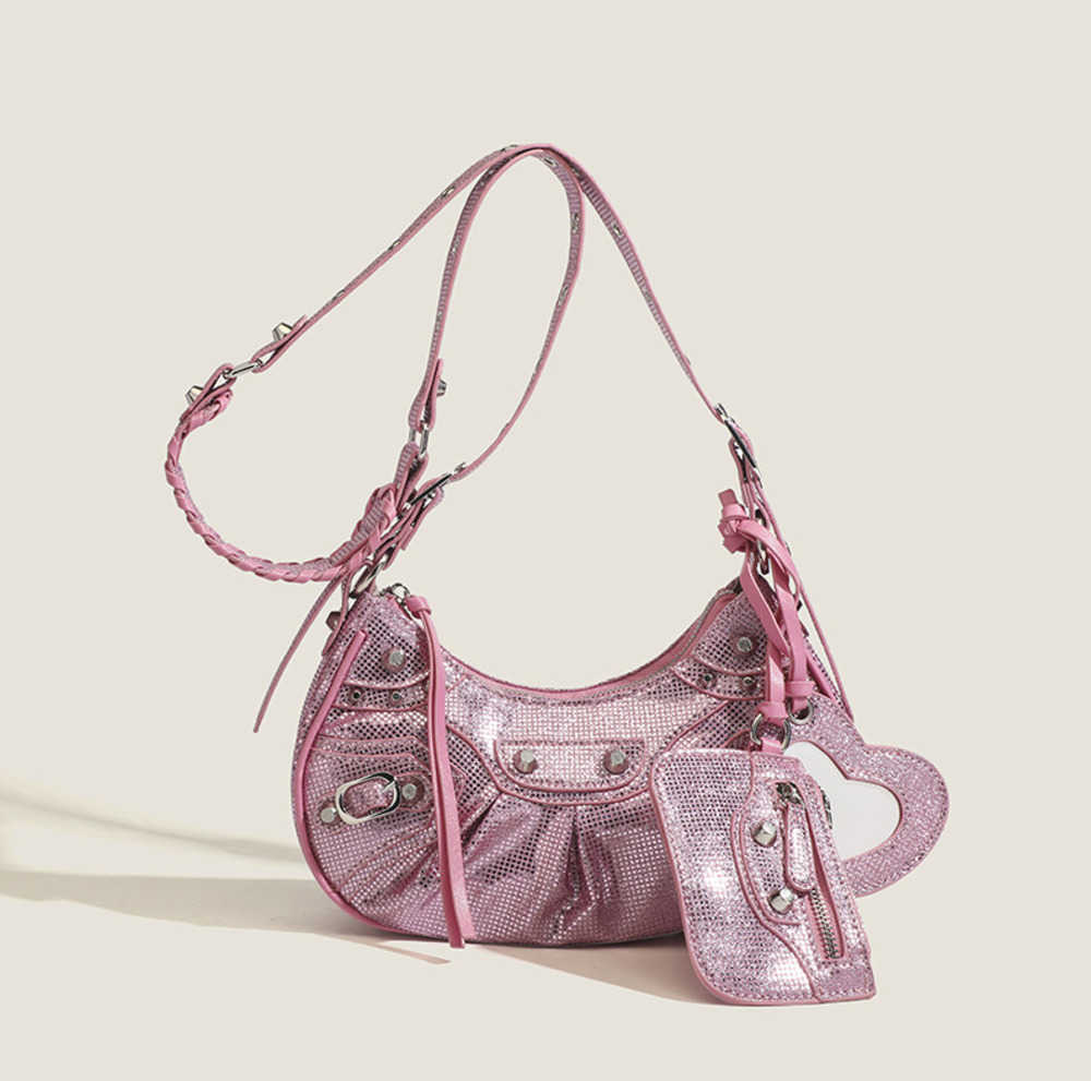 Designer Le Cagole Mini Metallic Leather Shoulder Bag Rivet Locomotive Bag Sweet Cool Spicy Girl Pleated Crescent Bag Underarm Bag, Pink12
Designer Le Cagole Mini Metallic Leather Shoulder Bag Rivet Locomotive Bag Sweet Cool Spicy Girl Pleated Crescent Bag Underarm Bag, Pink12