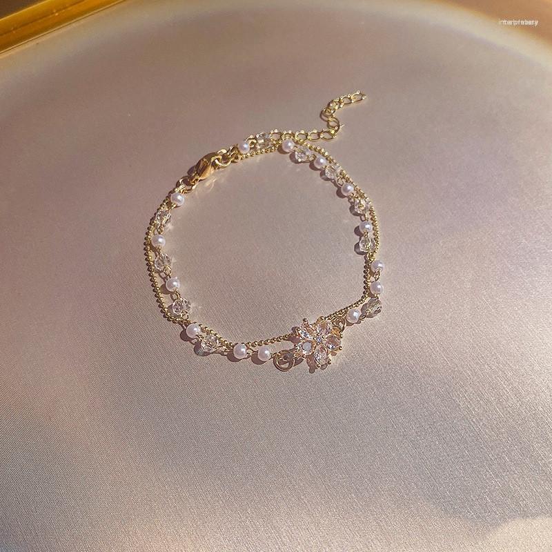 Link Bracelets Double Layer Imitation Pearl Bracelet Zircon Flower Hanging Golden Adjustable Long Woman Birthday Wedding Jewelry Chain
Link Bracelets Double Layer Imitation Pearl Bracelet Zircon Flower Hanging Golden Adjustable Long Woman Birthday Wedding Jewelry Chain