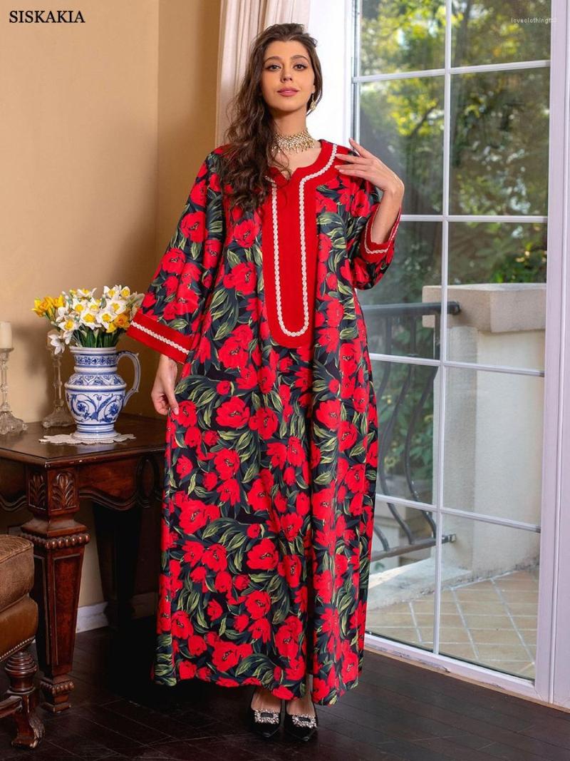 

Ethnic Clothing Abaya Dubai Turkey Muslim Hijab Dress Floral Printed Luxury Diamonds V-neck Patchwork Long Sleeve Ramadan Clothes Spring