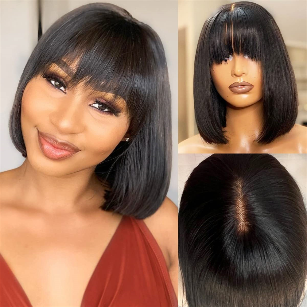 

New Product Wear and Go Human Hair Short Bob Wigs with Bangs 3x1 Lace Wigs Glueless Natural Black Bob Wigs with Fringe Brazilian Virgin Hair, Natural color