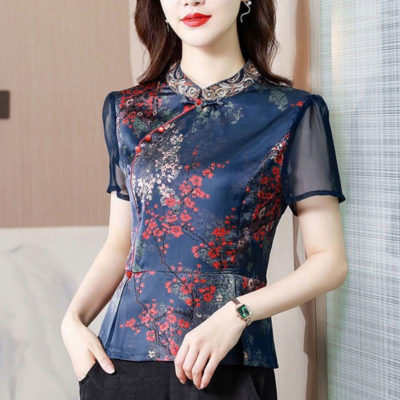 

Ethnic Clothing Cheongsam Women's Plus Size Tops 2023 Summer Real Silk Prints Splicing Short Sleeve Tradition Chinese Style Qipao Shirts