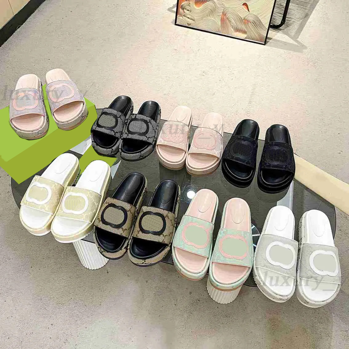 Designer Platform Slippers Women Canvas Slides Buckle Leather Sandals Thick Bottom High Heels Embroidered Rubber Flip Flops 2023, Color 7
Designer Platform Slippers Women Canvas Slides Buckle Leather Sandals Thick Bottom High Heels Embroidered Rubber Flip Flops 2023, Color 7