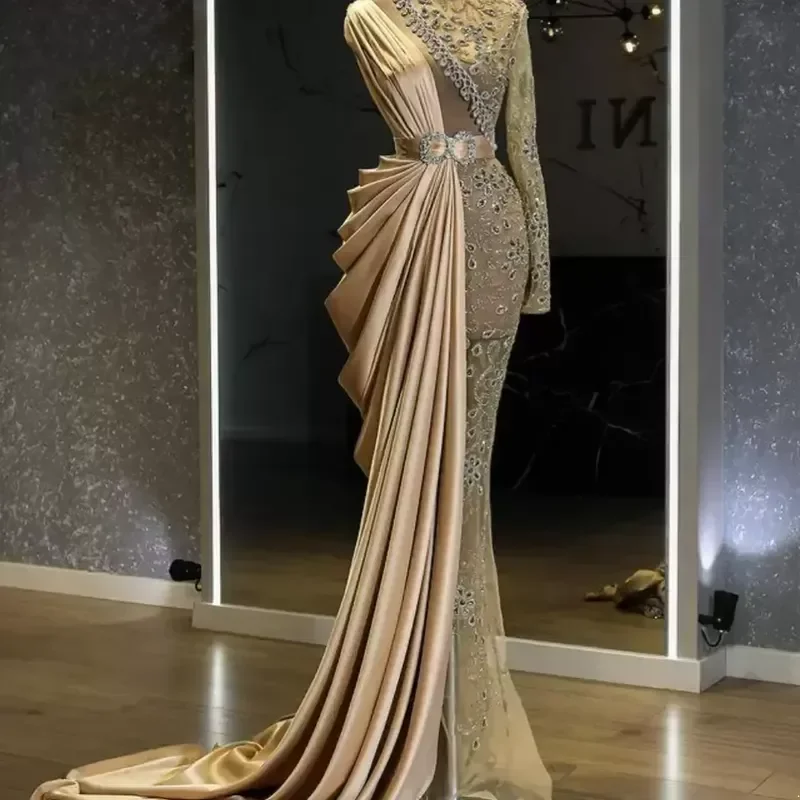urious Mermaid Gold Evening Beaded Crystals Prom Dresses High Neck Formal Party Second Reception Gowns