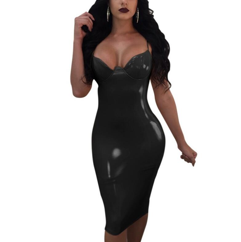 Summer Women Autumn Fashion Faux Leather Latex Dress V Neck Sexy Slim Pvc Black White Pink Red Long Party Plus Size Casual Dresses