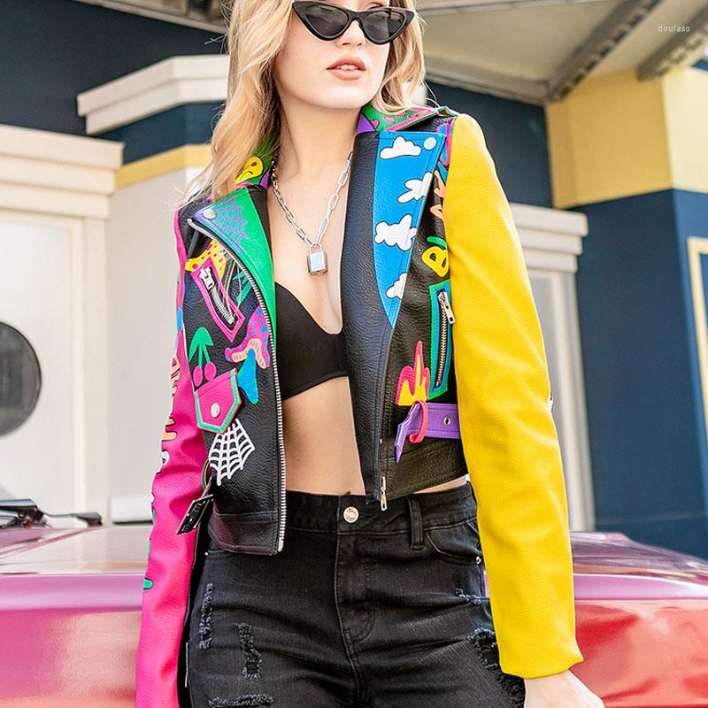Women' Jackets Women Club Style Graffiti Pattern PU Leather Jacket For Fire And Rainbow Print Woman Motorcycle Short Outwear, Beige
Women' Jackets Women Club Style Graffiti Pattern PU Leather Jacket For Fire And Rainbow Print Woman Motorcycle Short Outwear, Beige