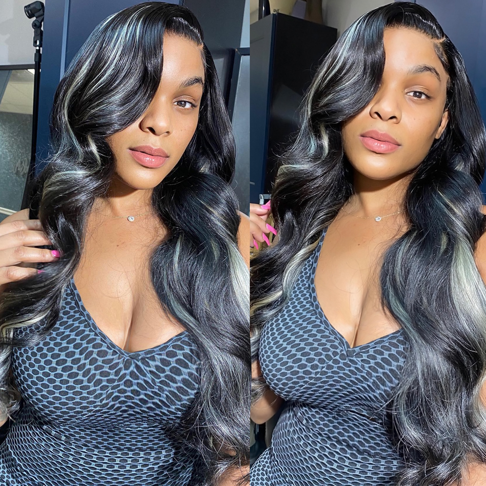 HD Lace Grey Highlight Color Human Hair Wig with Baby Hair Glueless Body Wave Lace Front Wig Synthetic For Black Women