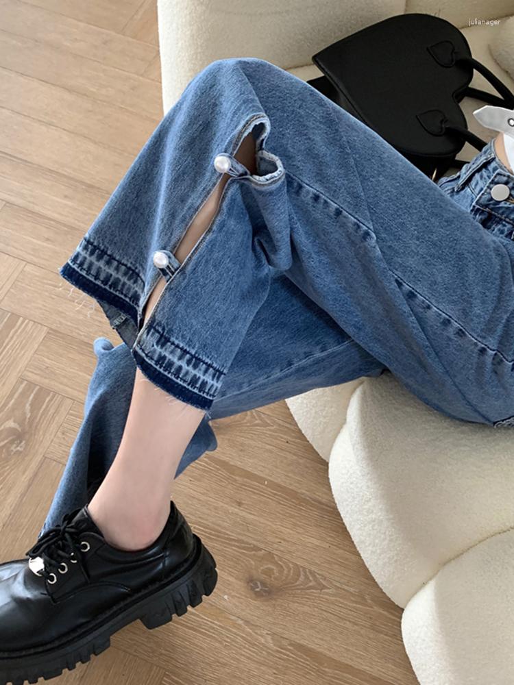 

Women' Jeans Vintage Side-Slit Buttons Women Straight Stylish Flares Casual Streetwear Denim Pants 2023 Baggy Pantalon Mujer High Waist, Blue