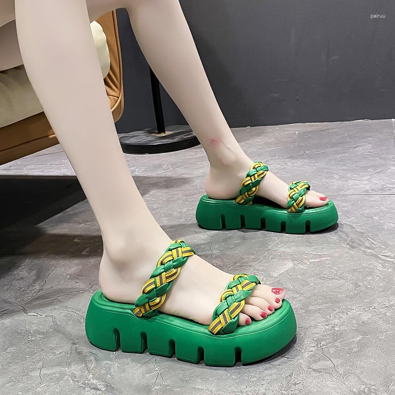 Slippers Green 5cm Wedge Heels Platform Bread Cross Flip Flops Women Summer Fashion Peep Toe Mules Slides For Femal