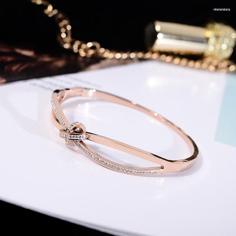 Bangle YUN RUO 2023 Simple & Chic Fashion Crystal Bowknot Rose Gold Color Titanium Steel Jewelry Woman Birthday Gift Never Fade