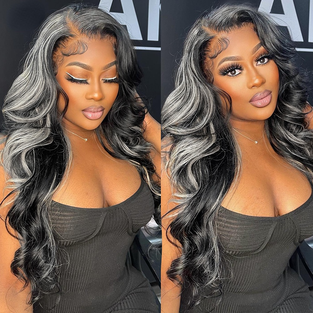 HD Lace Grey Highlight Color Human Hair Wig with Baby Hair Glueless Body Wave Lace Front Wig Synthetic For Black Women