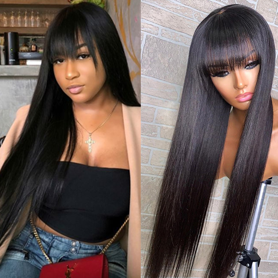 

New Product 100% Human Hair Wigs Straight Hair With Bang Fringe For Women Brazilian Bob Wig Glueless Full Machine Made With Bangs 26 Inch, Natural color