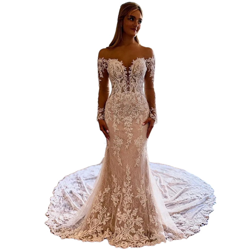 2023 Long Sleeves Lace Mermaid Wedding Dresses Boho Bridal Gowns Appliques Sheer Neck Sweetheart Summer Beach Bride Wear Custom Made