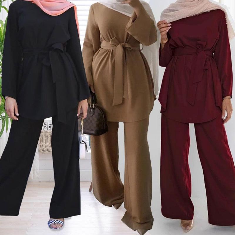 Ethnic Clothing Simple Woman Wide-legged Pants Muslim Two Pieces Ssuits Fashion Long Sleeves Tops With Belt Solid Trousers Middle East Party
Ethnic Clothing Simple Woman Wide-legged Pants Muslim Two Pieces Ssuits Fashion Long Sleeves Tops With Belt Solid Trousers Middle East Party