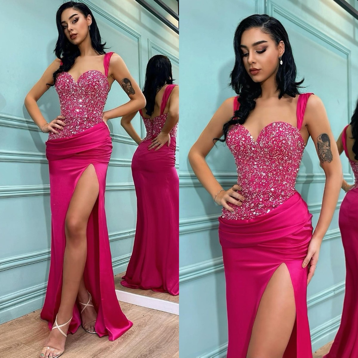 

Sexy Rosy Pink Prom Dresses Sequins Top Straps Evening Gowns Slit Semi Formal Red Carpet Long Special Occasion dress, Customize
