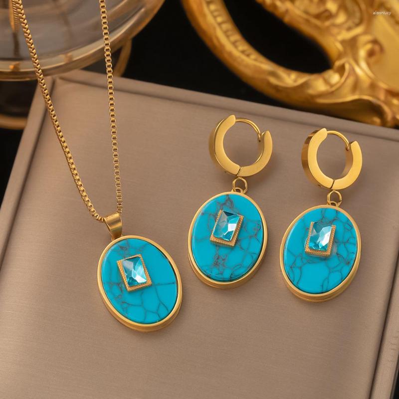 Necklace Earrings Set 316L Stainless Steel Fashion Zircon Women's Turquoise Pendant Bohemian Jewelry, Picture shown
Necklace Earrings Set 316L Stainless Steel Fashion Zircon Women's Turquoise Pendant Bohemian Jewelry, Picture shown