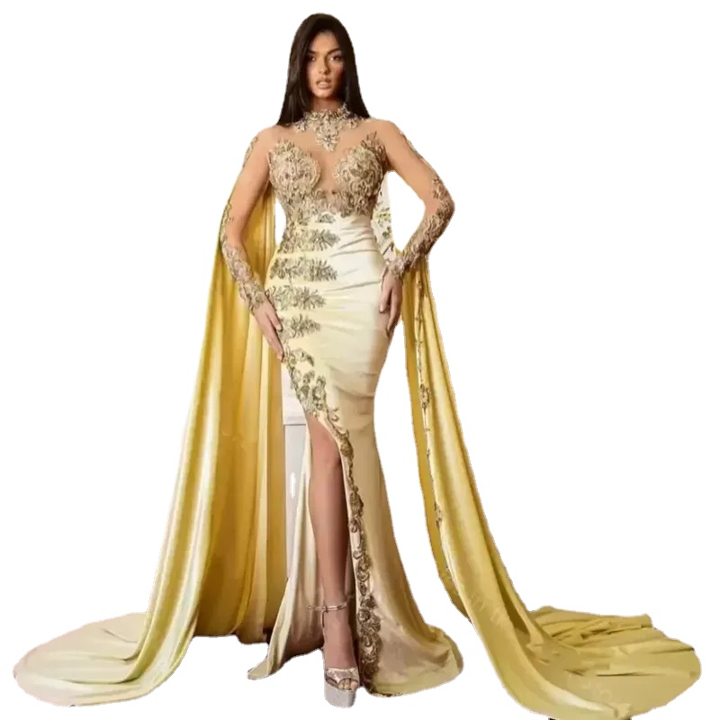 New Year's Gold Mermaid Evening Dresses Appliques Beads Prom Gowns with Shawls Long Sleeves Formal Party High Split Event Robe De Soiree
New Year's Gold Mermaid Evening Dresses Appliques Beads Prom Gowns with Shawls Long Sleeves Formal Party High Split Event Robe De Soiree