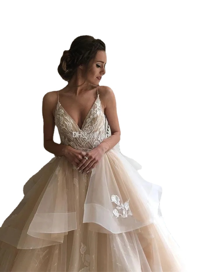 Champagne Wedding Dresses V Neck Spaghetti Straps Appliques Lace Tulle Tiered Backless Bridal Dresses Elegant Wedding Gowns, White
Champagne Wedding Dresses V Neck Spaghetti Straps Appliques Lace Tulle Tiered Backless Bridal Dresses Elegant Wedding Gowns, White