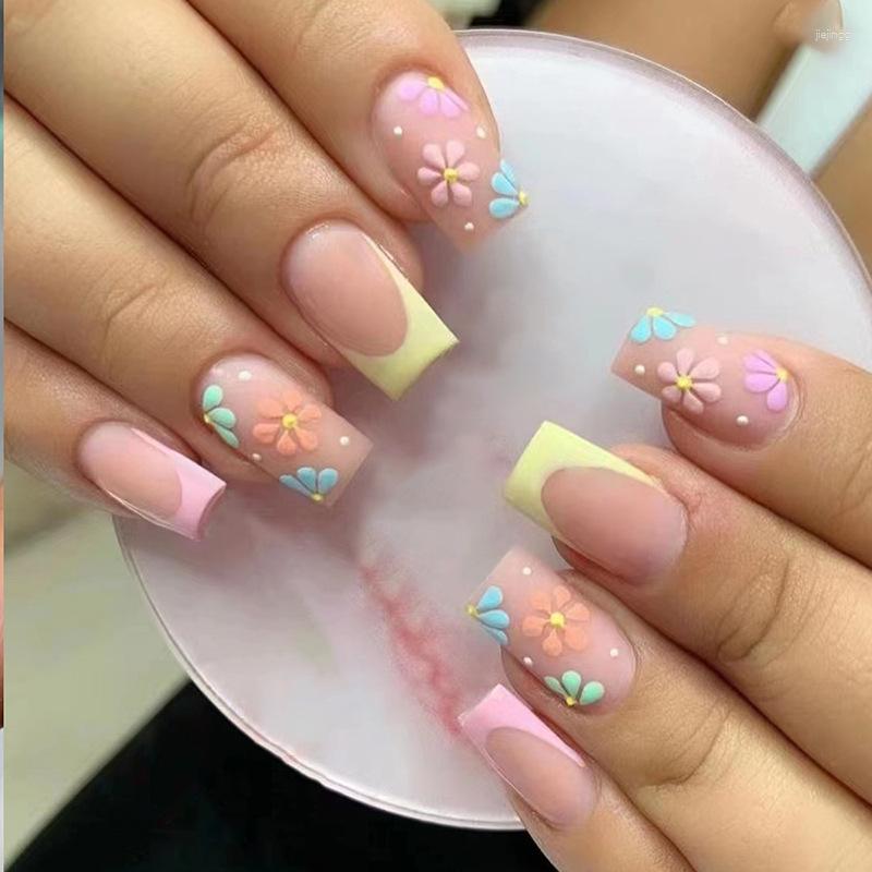 

False Nails 24Pcs Frosted Flower Cute Short Coffin With French Design Wearable Press On Simple Ballet Fake Tips, 186