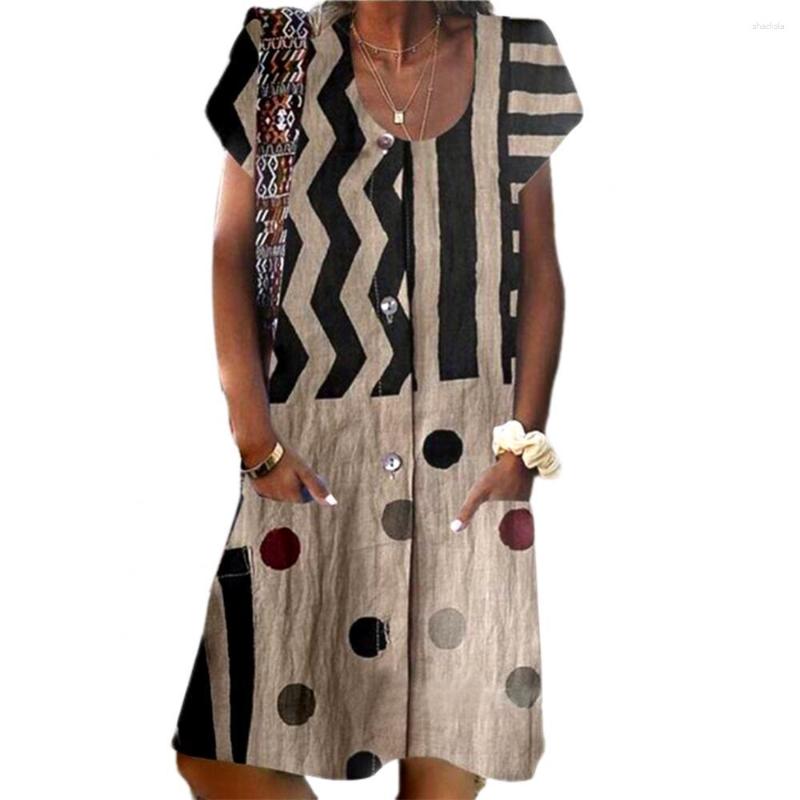 Casual Dresses Vintage Female O Neck Short Sleeve Polka Dots Print Wavy Stripes Loose Knee-length Dress Woman Summer 2023, Khaki
Casual Dresses Vintage Female O Neck Short Sleeve Polka Dots Print Wavy Stripes Loose Knee-length Dress Woman Summer 2023, Khaki