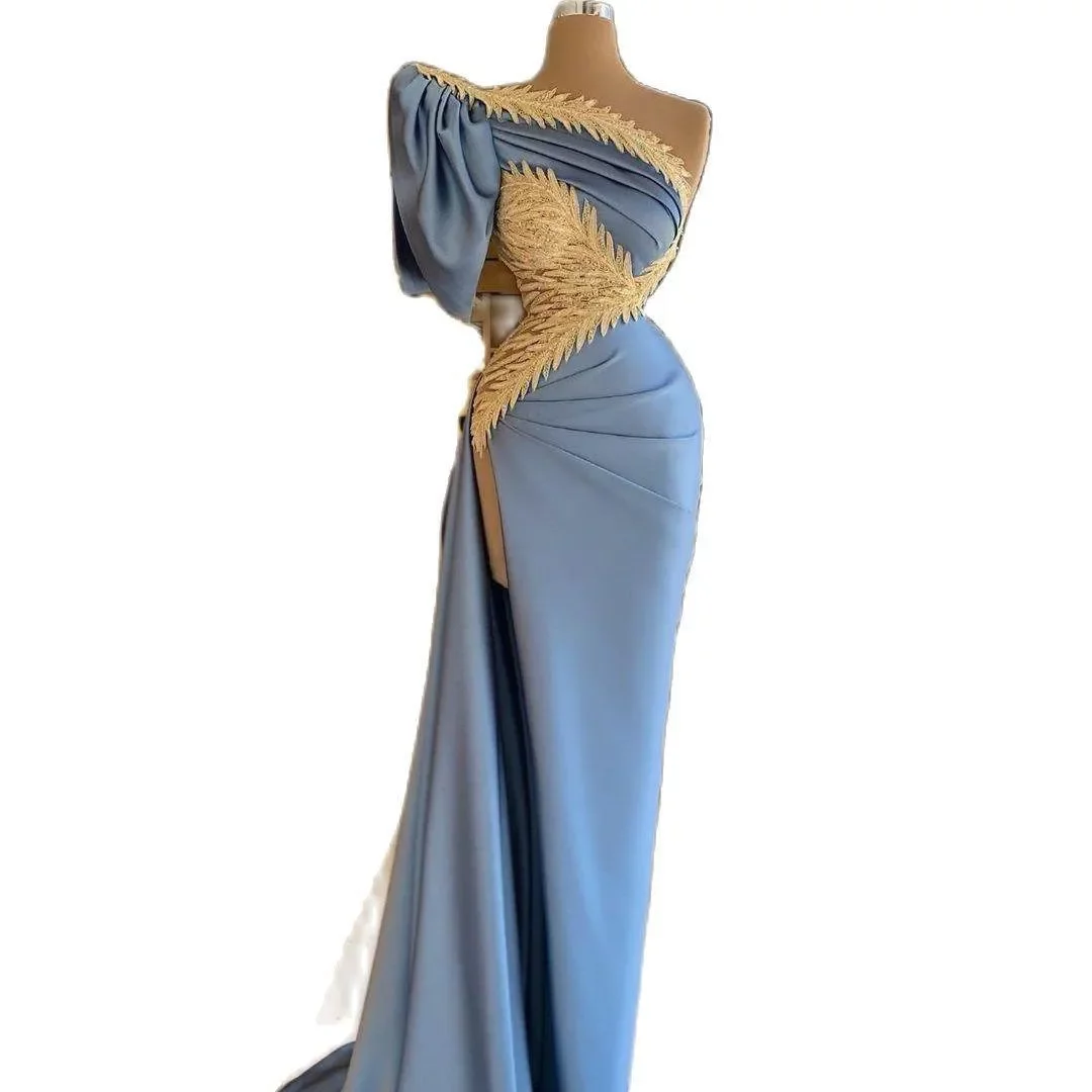 Silk Satin Evening Gold Appliques Puff Sleeve Mermaid Prom Gowns Slim Side Split Red Carpet Fashion Party Dresses